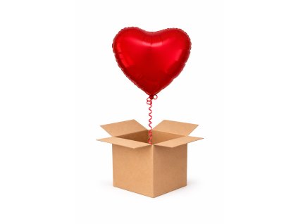 Červený balónek nad prázdnou krabicí