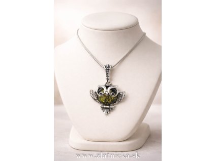 trieborný prívesok sova s jantárom