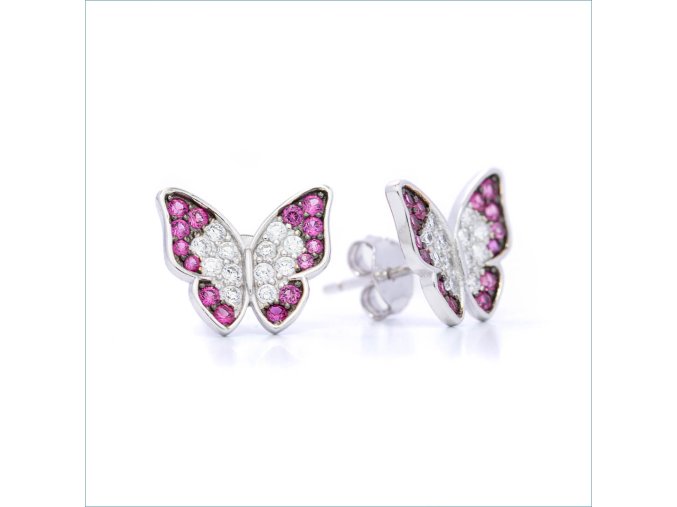 Strieborné napichovacie náušnice v tvare motýľ so zirkónmi v ružovej a čírej farbe