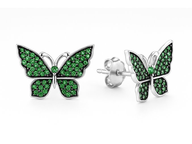 Strieborné napichovacie náušnice v tvare motýľa so zelenými zirkónmi