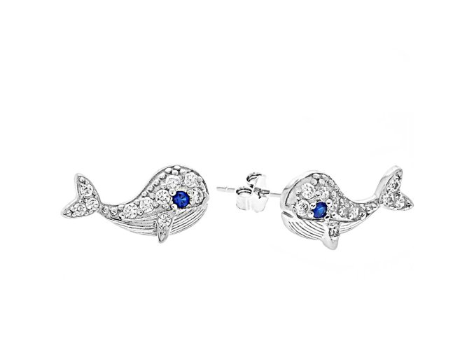 Strieborné napichovacie náušnice v tvare veľryby s čírymi a modrými zirkónmi