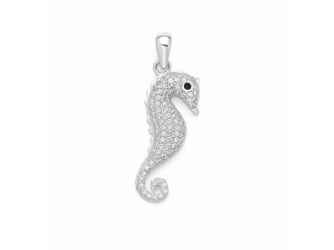 Strieborný prívesok v tvare morského koníka s čírymi a čiernym zirkónom