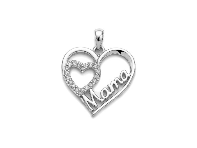 Strieborný prívesok “Mama” v tvare srdca s čírymi kamienkami  strieborný prívesok ∙ srdce ∙ kamienky ∙ darček pre mamu, rhódiované striebro 925