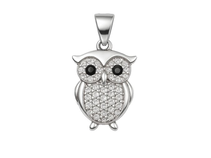 Strieborný prívesok v tvare sovy s čírymi a čiernymi zirkónmi