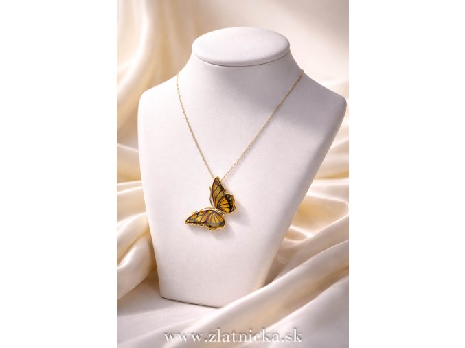 Luxusný zlatý náhrdelník motýľ s transparentným jantárom