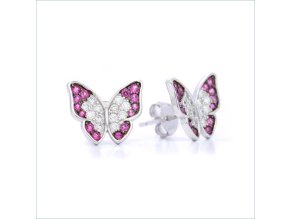 Strieborné napichovacie náušnice v tvare motýľ so zirkónmi v ružovej a čírej farbe