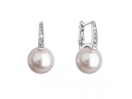 Stříbrné náušnice visací s Preciosa perlou a krystaly 31301.1 bílé