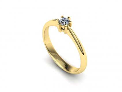14k zlatý zásnubní prsten. Lesklý povrch zdobí přírodní dimant ve středu prstene, který drží 6 krapen.