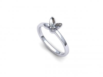 Zásnubní prsten z bílého zlata. Střed prstene zdobí květina ve které je zafasovaný přírodní briliant.