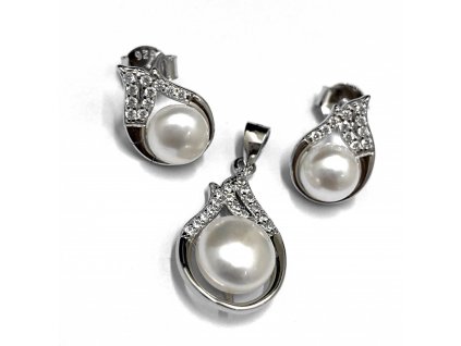 Stříbrná souprava s bílými perlami a zirkony