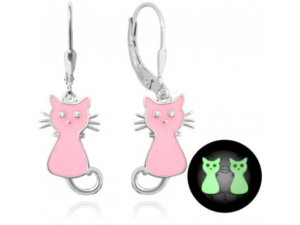 Stříbrné náušnice růžové svítící kočky