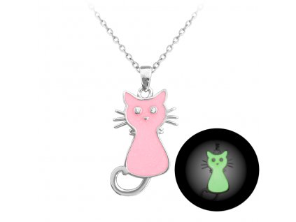 Stříbrný náhrdelník svítící růžová kočka