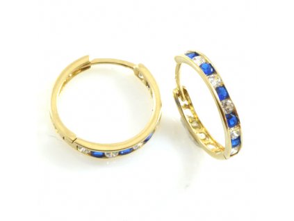 Zlaté náušnice kruhy s modrobílými kamínky 081.00041