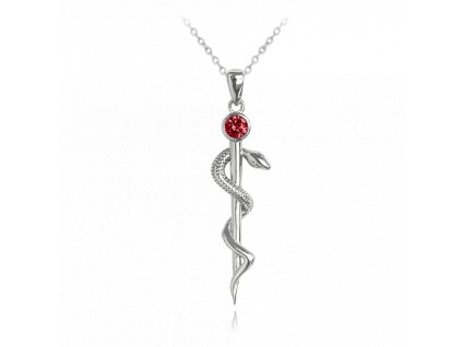 Stříbrný náhrdelník s červeným zirkonem Aeskulapova hůl