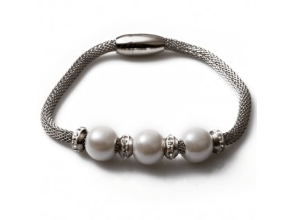 Ocelový náramek s bílými perlami SET012