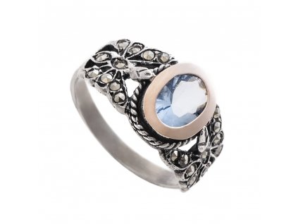 Stříbrný prsten s akvamarínem a markazity AF7863