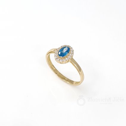Zlatý prsten s modrým kamenem a  kubickými zirkony