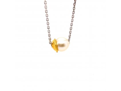 Řetízek z bílého zlata 45 cm s mořskou, bílou perlou a ryzím zlatem AKOYA2  doplněk dárek mořská bílá perla ryzí zlato ruční práce originál
