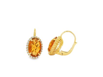 Zlaté náušnice s oválnym syntetickým citrínom a čírymi zirkónmi