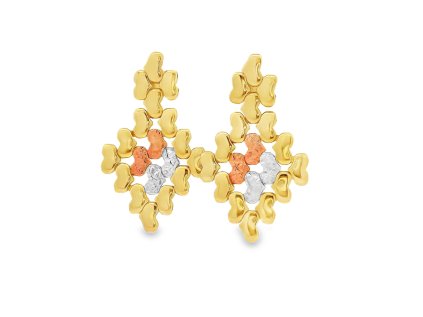 Visiace náušnice z trojfarebného zlata – mozaika štýlu a elegancie