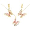 Letné visiace 14 K zlaté náušnice „Motýlik” s ružovým smaltom