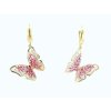 Letné visiace 14 K zlaté náušnice „Motýlik” s ružovým smaltom