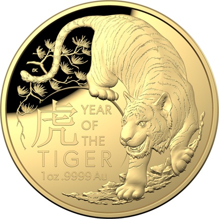 The Royal Australian Mint 1 oz zlatá mince Lunar Rok Tygra 2022 Proof, oblouková ražba – Royal Australian Mint