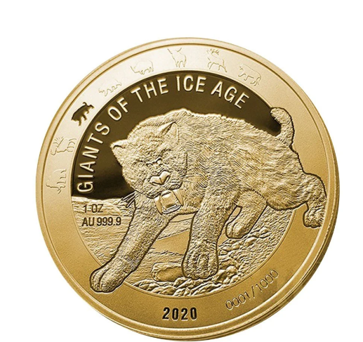 1 oz zlatá mince Obři doby ledové - Tygr šavlozubý 2020 Proof Leipziger Edelmetallverarbeitung