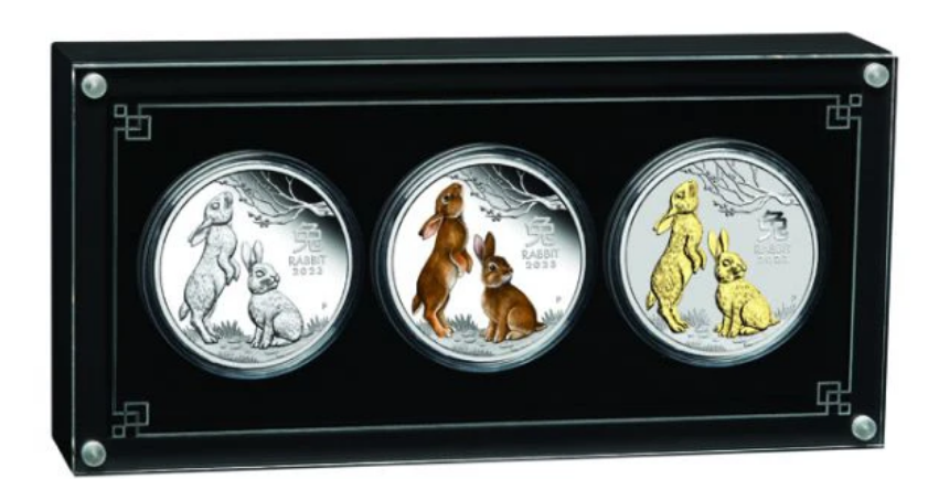 The Perth Mint 3x1 oz stříbrná mince Lunární série III rok králíka 2023 PROOF (barevné a pozlacené provedení) - Perth Mint