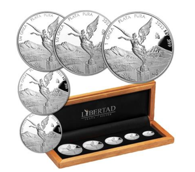 Banco de Mexico Casa de Moneda Mint 1,9 oz sada 5 stříbrných mincí Mexico Libertad 2022 PROOF
