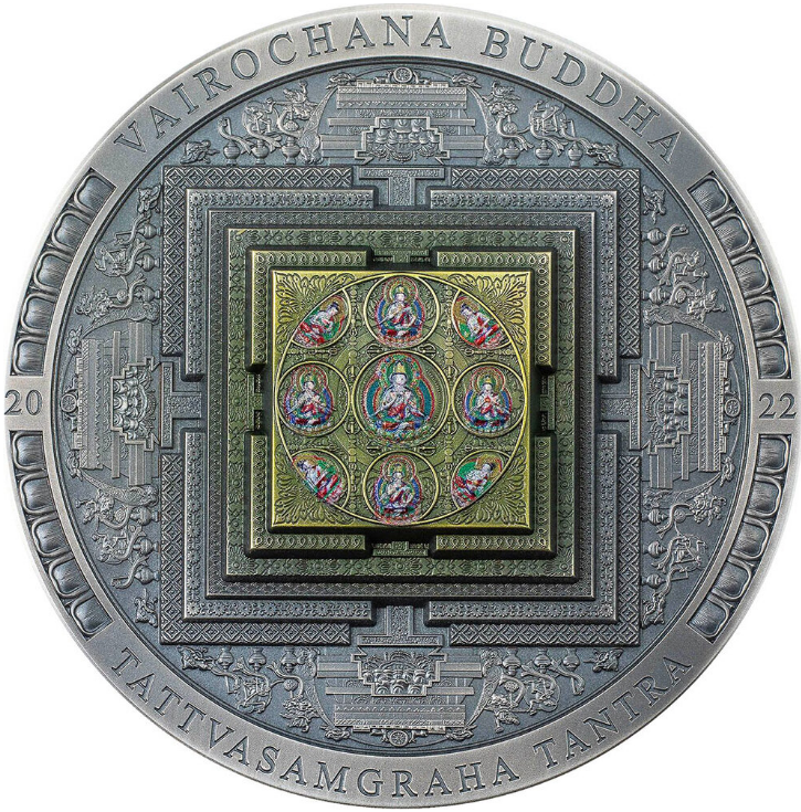 Stříbrná mince 3 oz Vairochana Buddha Antique Finish, Ultra High Relief, barevné provedení 2022 - CIT Coin Invest
