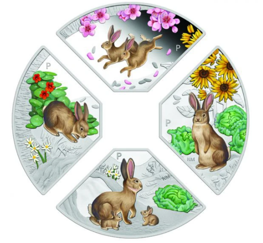 The Perth Mint 4 x 1oz stříbrná mince Lunární Rok králíka 2023 kvadrant sada PROOF - Perth Mint