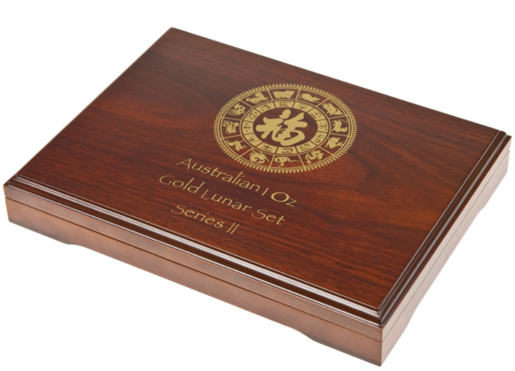 The Perth Mint Dřevěná originální Etue - Lunar II Serie 12 x 1 oz zlaté mince