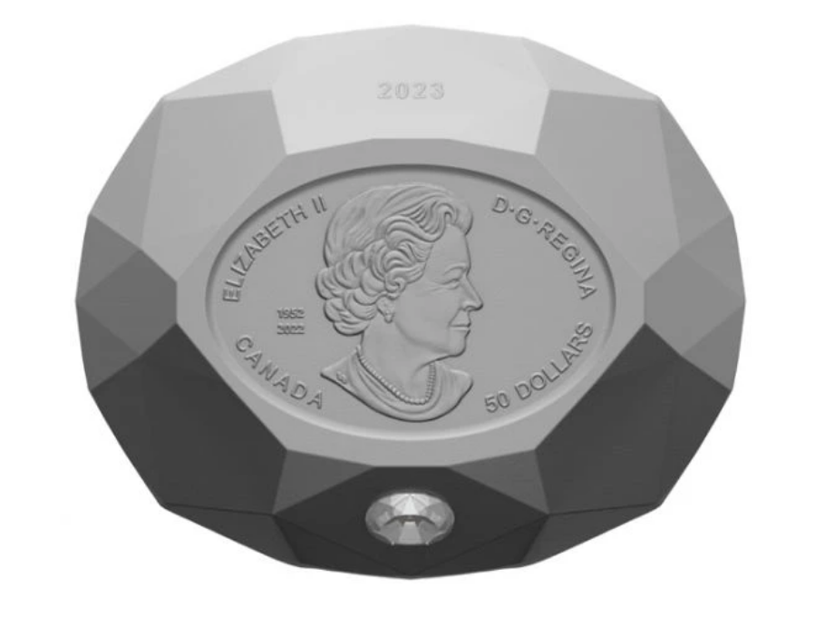 3 oz stříbrná mince ve tvaru diamantu s diamantem Forevermark Black Label Diamond 2023 PROOF - Royal Canadian Mint