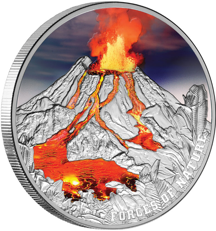 2 oz stříbrná mince Sopka - přírodní síly 2023 PROOF, High Relief - NIUE