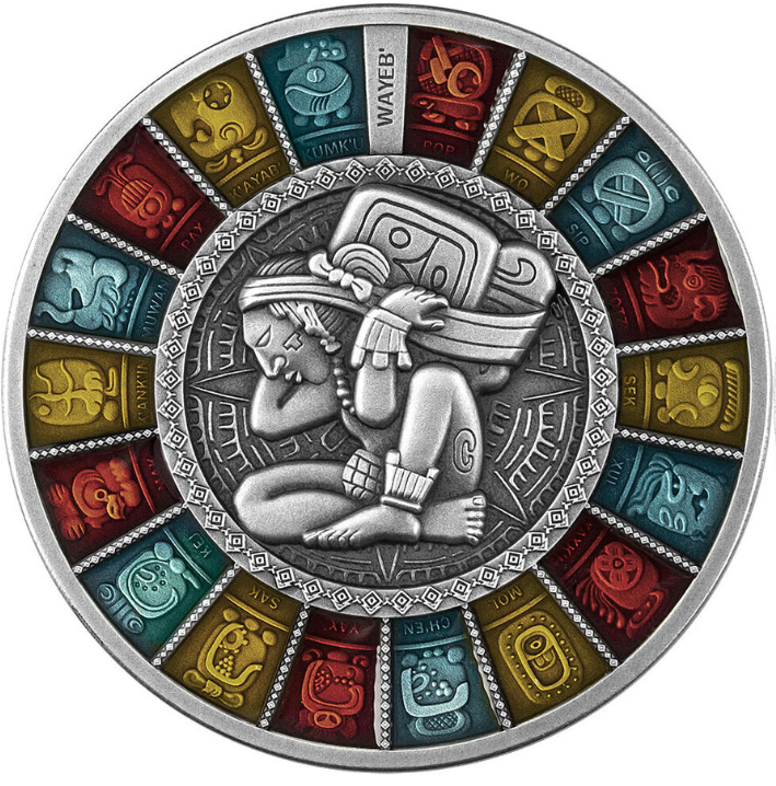 Mint of Poland 2 oz stříbrná mince HAAB - Mayský kalendář 2023 Proof, Starožitné provedení - NIUE