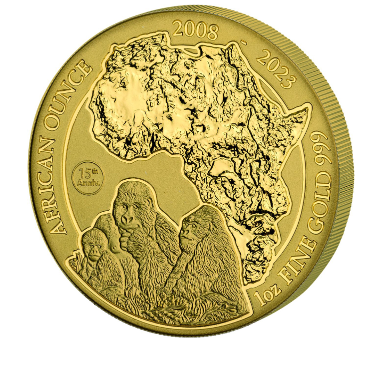 1 oz zlatá mince African Ounce - Gorila horská 2023 - 15. výročí BU - Rwanda