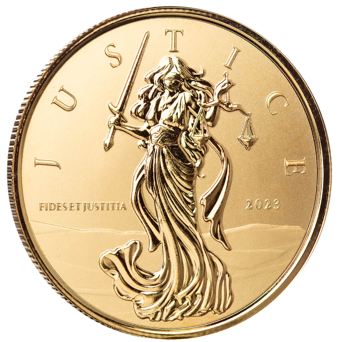 1 oz zlatá mince Gibraltar Lady Justice 2023 BU – Scottsdale Mint