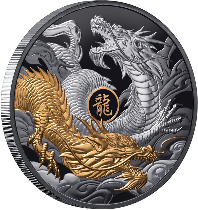 5 oz stříbrná mince lunární rok Draka 2024 Black Proof- NIUE