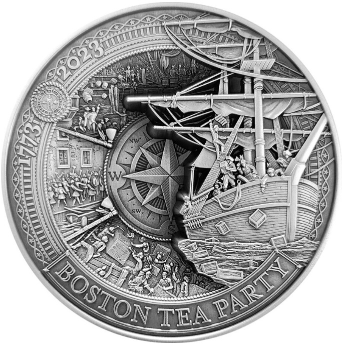 250g stříbrná mince Boston Tea Party - 250. výročí 2023 Antique Finish - Barbados