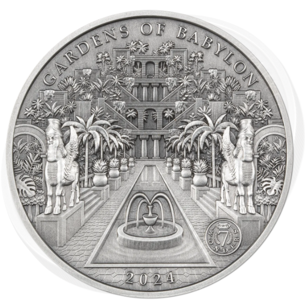 Solomon Islands 100g stříbrná mince Zahrady Babylonu - 7 divů světa Antique Finish 2024 - Šalamounovy ostrovy