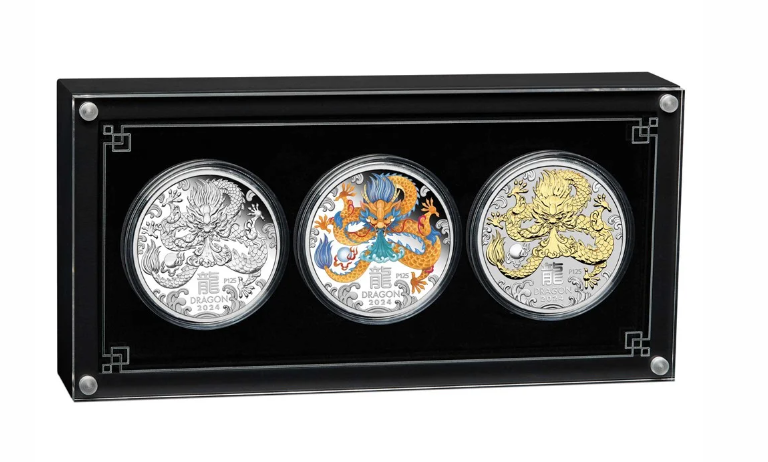 The Perth Mint 3x1 oz stříbrná mince Lunární série III rok draka 2024 PROOF (barevné a pozlacené provedení) - Perth Mint