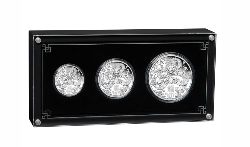 The Perth Mint Set 3 stříbrné mince (2oz, 1oz, 1/2oz) Lunární série III rok draka 2024 PROOF - Perth Mint