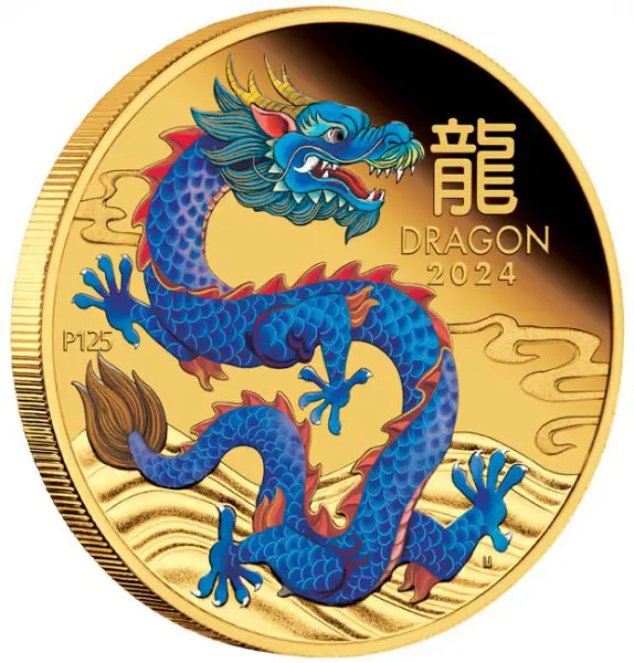 The Perth Mint 1 oz zlatá mince Lunar III Rok Draka 2024 PROOF, barevné provedení – Perth Mint