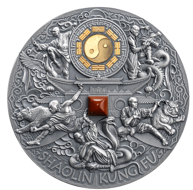 5 oz stříbrná mince Shaolin Kung Fu - 2024, Starožitné provedení, high relief, vložený drahokam - XXI Mint