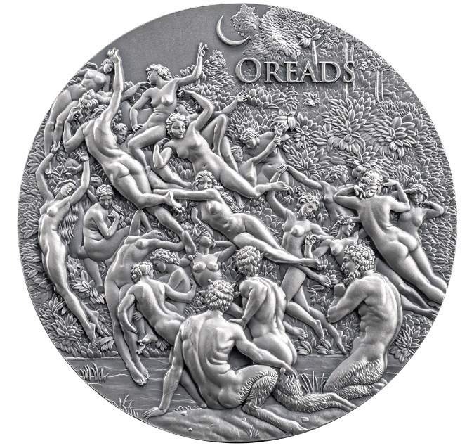 5 oz stříbrná mince Nymfy Oready 2023, Starožitné provedení, high relief - XXI Mint