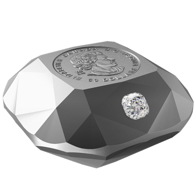 80,4g stříbrná mince ve tvaru diamantu s diamantem De Beers Ideal Cushion Diamond 2024 PROOF - Royal Canadian Mint