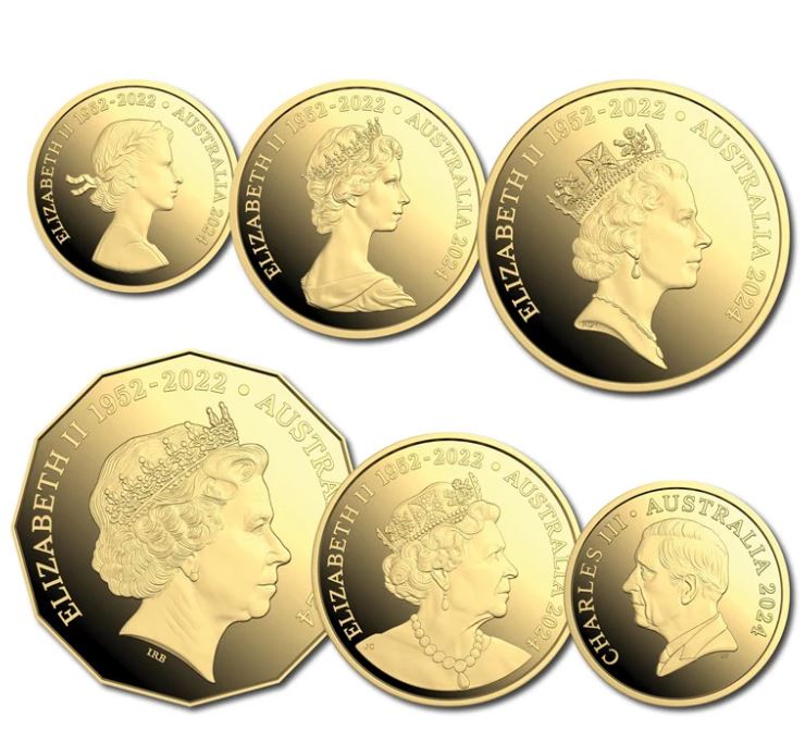 The Royal Australian Mint 113,56g Sada 6 zlatých mincí Change of Monarch 2024 PROOF – Royal Australian Mint