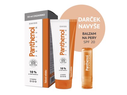 Panthenol 10% SWISS PREMIUM telové mlieko 200+50 ml ZADARMO  + DARČEK Panthenol balzam na pery SPF20
