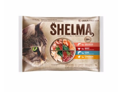 SHELMA Cat kuře, hovězí, losos a treska, kapsa 85 g (4 pack)